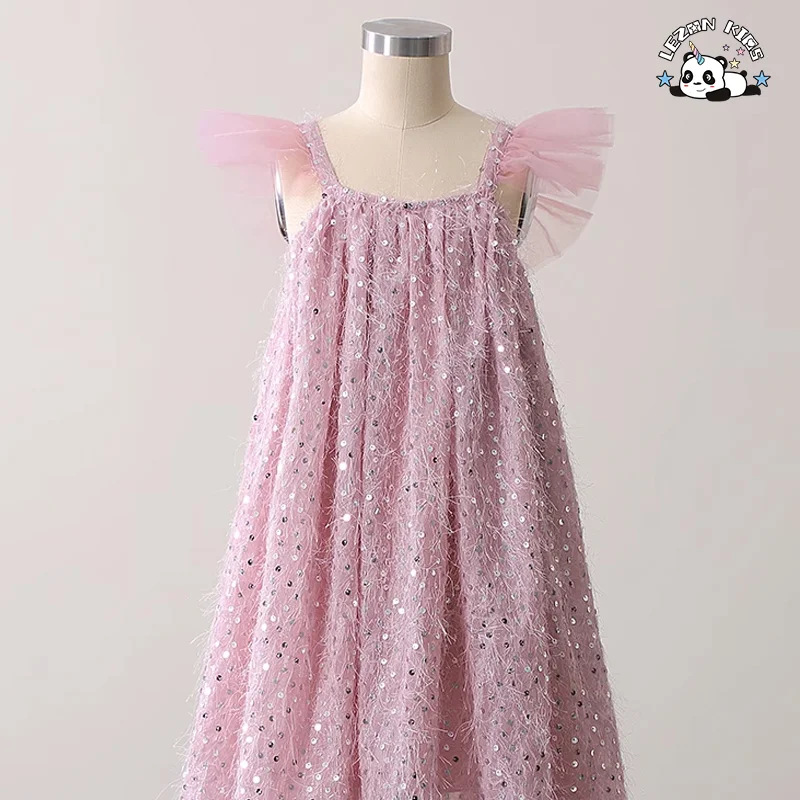 LEZONKIDS - Customized Party Girls Summer Dress Sling Ruffle Sleeve Straight Pleated Party Dresses for Girls